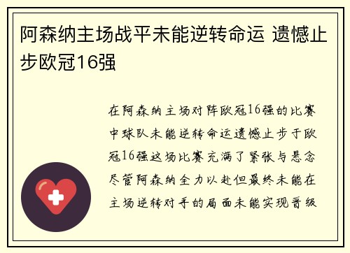 阿森纳主场战平未能逆转命运 遗憾止步欧冠16强
